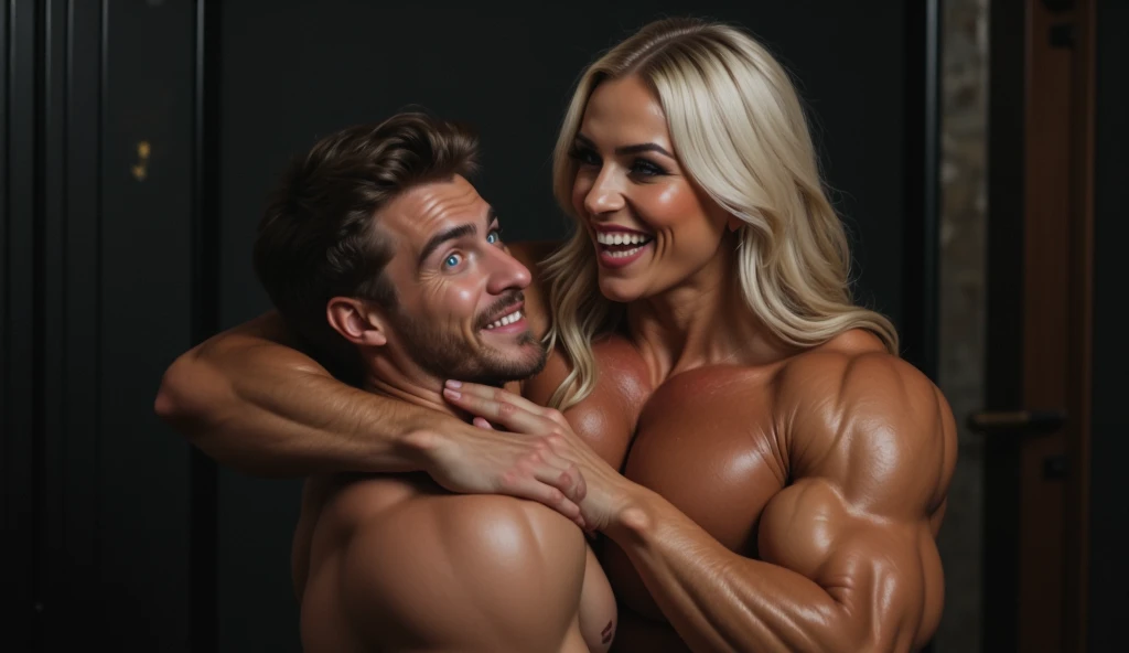 1 huge male man armwrestling a much smaller beautiful girl with blonde hair, on a table on the beach, beachwear, smiling, <lora:armwrestling:1>