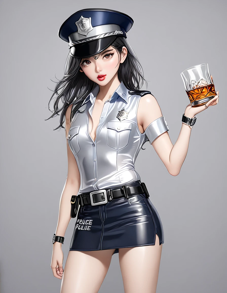 NSFW, high resolution image, best quality, Naked Korean beauty with hand over mouth１people,((Faces that seduce viewers:1.0)), shiny skin, delicate body,Small breasts, Shiny Black Hair,Ultra detailed round eyes ,((White background)),((sleeveless police shirt:1.2)),(( Ultra Miniskirt That Highlights Long Legs:1.2)),((Wear a police officer belt with a low waist:1.5)),((square silver buckle:1.5))(silver watch on the wrist:1.5),(police hat :1.2),( standing :1.3),(Depicting the body from the knees up),( cowboy shot:1.3),24K,(Holding whiskey:1.5),(Freckles:0.5),((Drunk:0.9)),(( short boots :0.5))