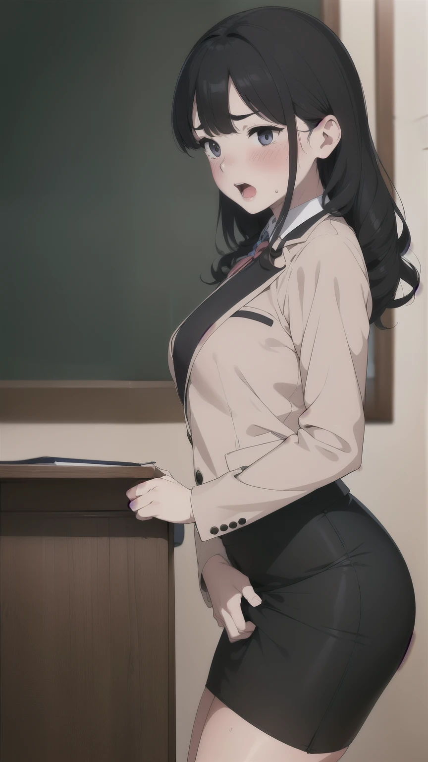 d((pencil-skirt)), black curly hair, female teacher in the class, (((round face, blush))), jacket, ((standing to hit her crotch against a corner of the table for masturbation)), open mouth, angle from side,