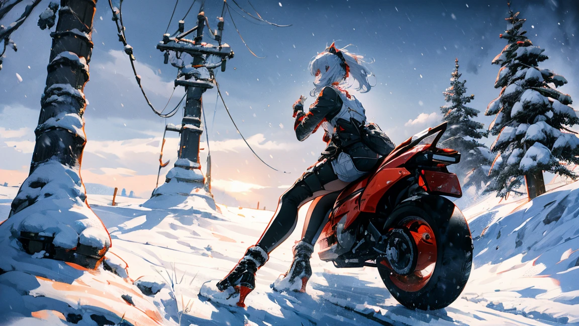 girl sitting on a red motorcycle in the snow, it&#39;s snowing heavily, hair fluttering in the wind, post apocalypse
