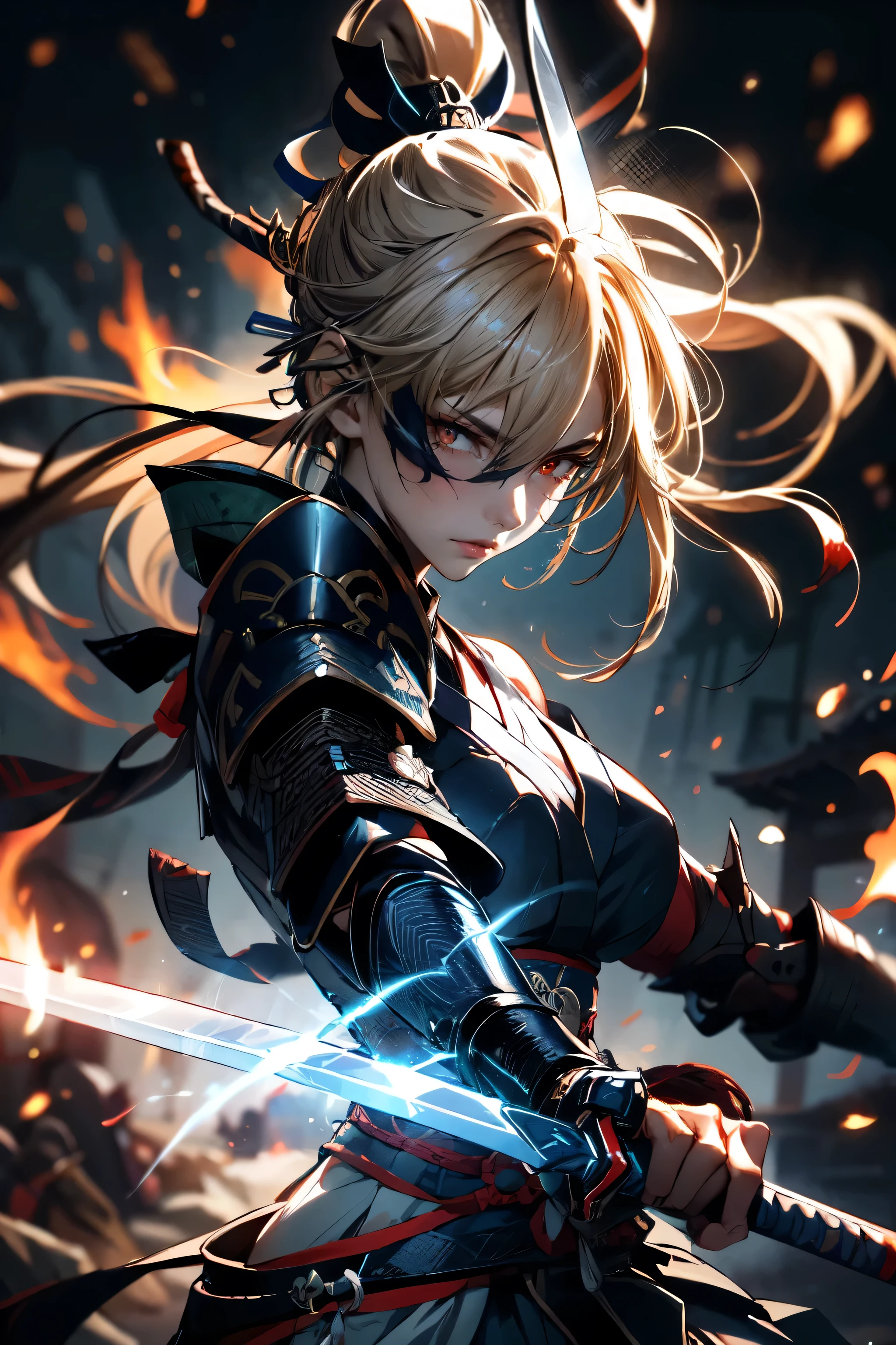 a woman warrior in an anime art style, highly anatomically accurate, detailed character expressions, ponytail hairstyle, masterpiece, wrinkled skin, action painting style, heavy makeup, tan skin, perfect face, perfect eyes, samurai, samurai armor, feudal japan warrior, waist armor, sword strike, small bust, slender thighs, combat with enemies, calm expression, fire elemental, blonde hair, feudal japan warlord, battle of sekigahara, glowing sword effects, translucent sword, ultra wide angle,Cinematography, 