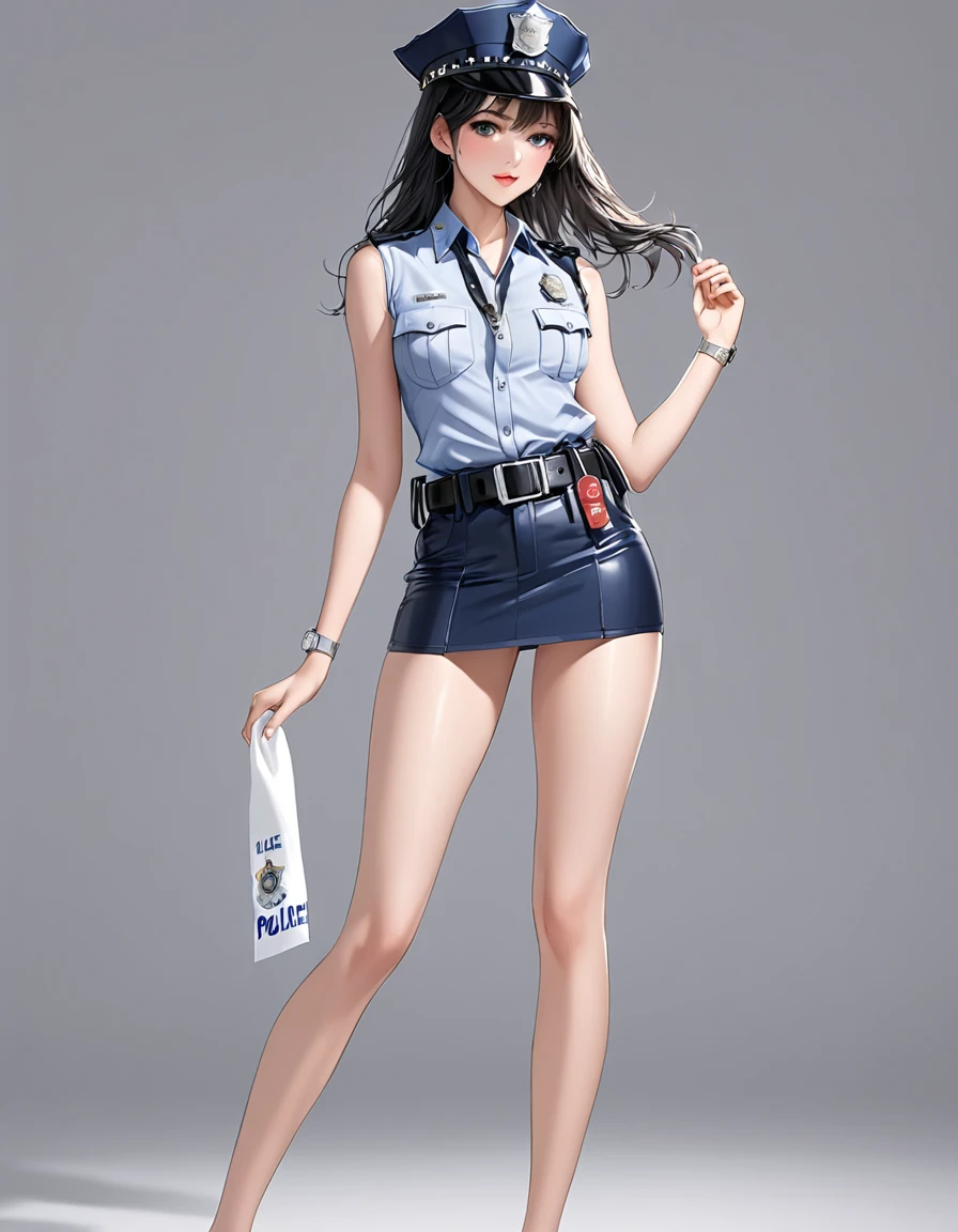 NSFW, high resolution image, best quality, Naked Korean beauty with hand over mouth１people,( beautiful face:1.2), shiny skin, delicate body,Small breasts, Shiny Black Hair,Ultra detailed round eyes ,((White background)),((sleeveless police shirt:1.2)),(( Ultra Miniskirt That Highlights Long Legs:1.2)),((Wear a police officer belt with a low waist:1.5)),((square silver buckle:1.5))(silver watch on the wrist:1.5),(police hat :1.2),( standing :1.3),(Depicting the body from the knees up),( cowboy shot:1.3),24K,(Hold a wine glass in one hand:1.5),(Freckles:0.5),((Drunk:0.9)),(( short boots :0.5)),((cry:1.1))