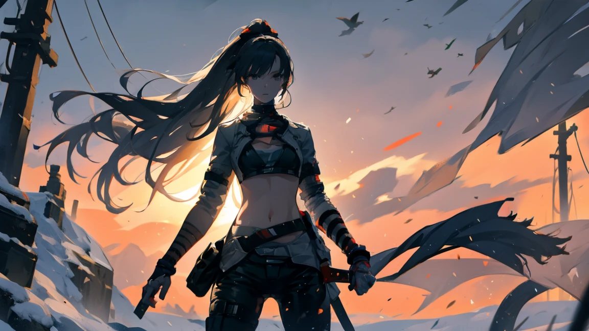 A girl stands with a sword in the wind, post apocalypse