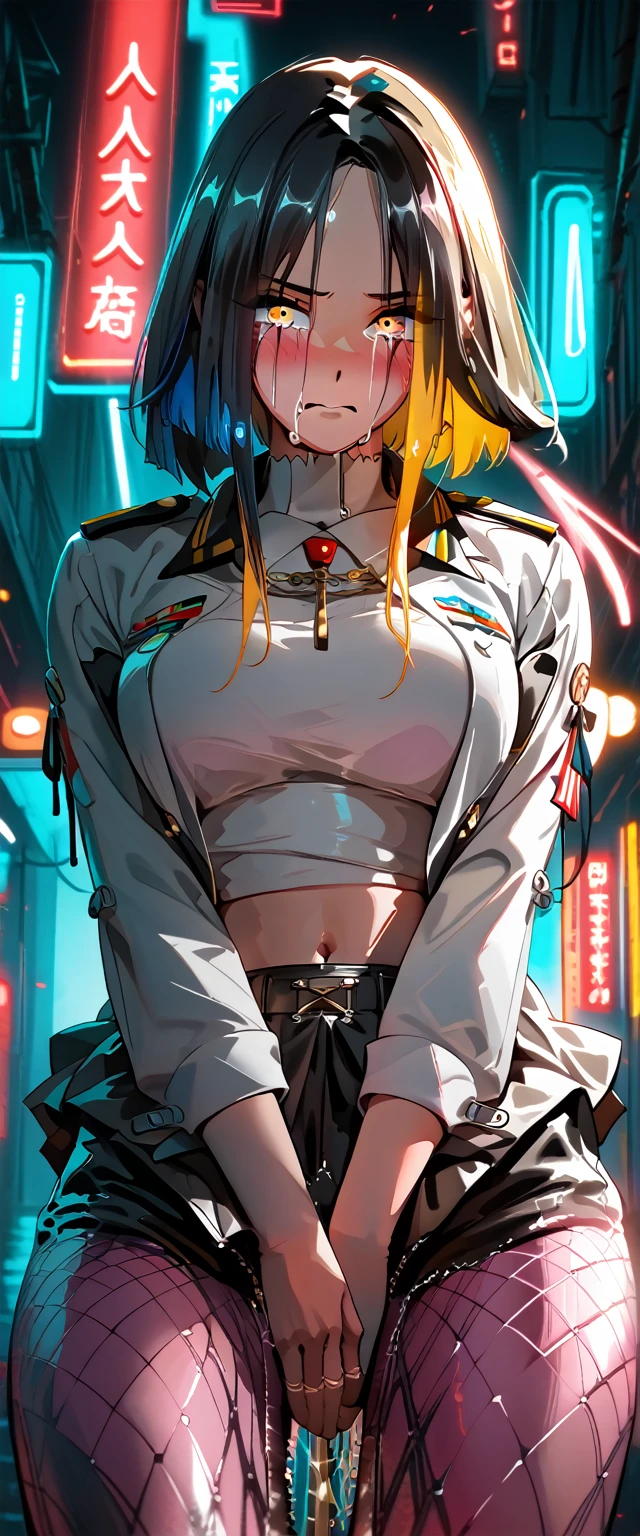 (high quality,Very detailed:1.37, High resolution), 2d, anime, anime style, anime source, Woman, breasts, long hair, black hair, blue hair highlights, yellow hair highlights, red hair highlights, military uniform, tight pants, (wetting self:2.0), salute, futuristic, science fiction, (best quality,4k,8k,highres,masterpiece:1.2),ultra-detailed,highly detailed face,extremely detailed eyes and face,portriat,dramatic lighting,vibrant colors,neon lights,technologically advanced environment