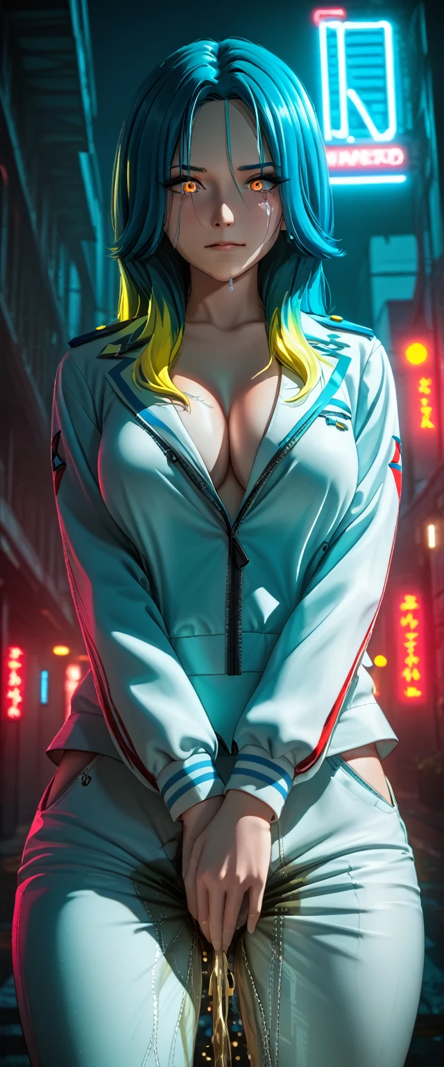 (high quality,Very detailed:1.37, High resolution), 2d, anime, anime style, anime source, Woman, breasts, long hair, black hair, blue hair highlights, yellow hair highlights, red hair highlights, military uniform, tight pants, (wetting self:2.0), salute, futuristic, science fiction, (best quality,4k,8k,highres,masterpiece:1.2),ultra-detailed,highly detailed face,extremely detailed eyes and face,portriat,dramatic lighting,vibrant colors,neon lights,technologically advanced environment