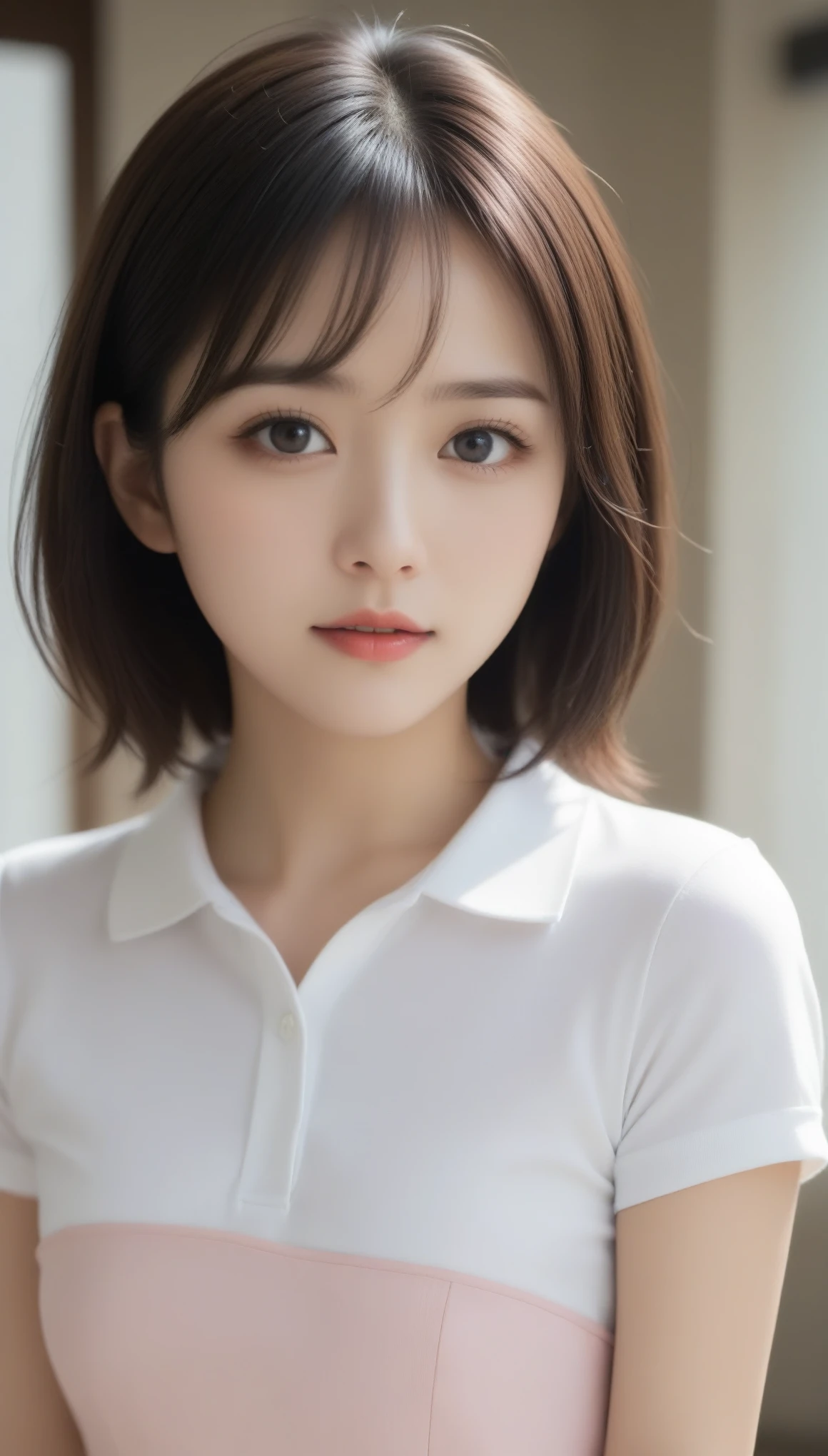 8k,  ultra high resolution, Best Quality, masterpiece, 三分割法によるphotograph, surreal,photograph, one woman,(Girl:1.3),cute,cute顔, 細部まで beautiful eyes, 細かく Detailsに,masterpiece,一人のGirl:1.2, Japanese women,Cheerleader,extream close up,smile,Black short hair,Short ponytail,ID photo,future,Brutal Cyberpunk Woman,Luxurious and gorgeous,Baseball Stadium,((Polo shirt & Mini length flared skirt,:1.5)),Flashy Fashion,Lavish Decoration,(BDSM Mistress),(Cute girl),(Upper class lady:1.5),Expressions of despair,Dark and atmospheric lighting, delicate details ,  Detailsな顔,anger, charming eyes ,(ポートレートphotograph:1.4),( photorealistic image :1.4), Fantasy Art ,( beautiful face:1.4),美しく charming eyes 、 beautiful eyes,Silver Remaining,(Tight waist:1.4)、( beautiful with perfect body proportions:1.4), Pink Lips,profile,((( ideal body shape))),A cup small bust :2,、Portraiture:2、 perfect anatomy 、鮮明な Details、 Details,Thin lips,完璧で beautiful face ,完璧でcute顔,  Detailed Skin, Perfect limbs、 thin waist, surreal,Light and Shadow, fashion magazine cover,sunbeam