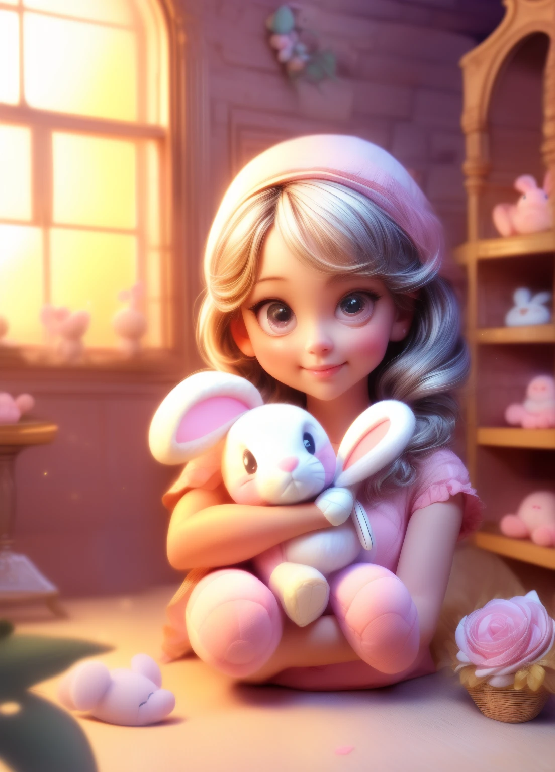 cute girl, beautiful girl, adorable girl, stuffed bunny, white stuffed bunny, soft stuffed bunny, girl hugging stuffed bunny, girl cuddling stuffed bunny, girl holding stuffed bunny, cute expression, happy expression, warm lighting, natural light, soft colors, pastel colors, cinematic lighting, photorealistic, highly detailed, masterpiece, 8k, cinematic quality, portrait shot