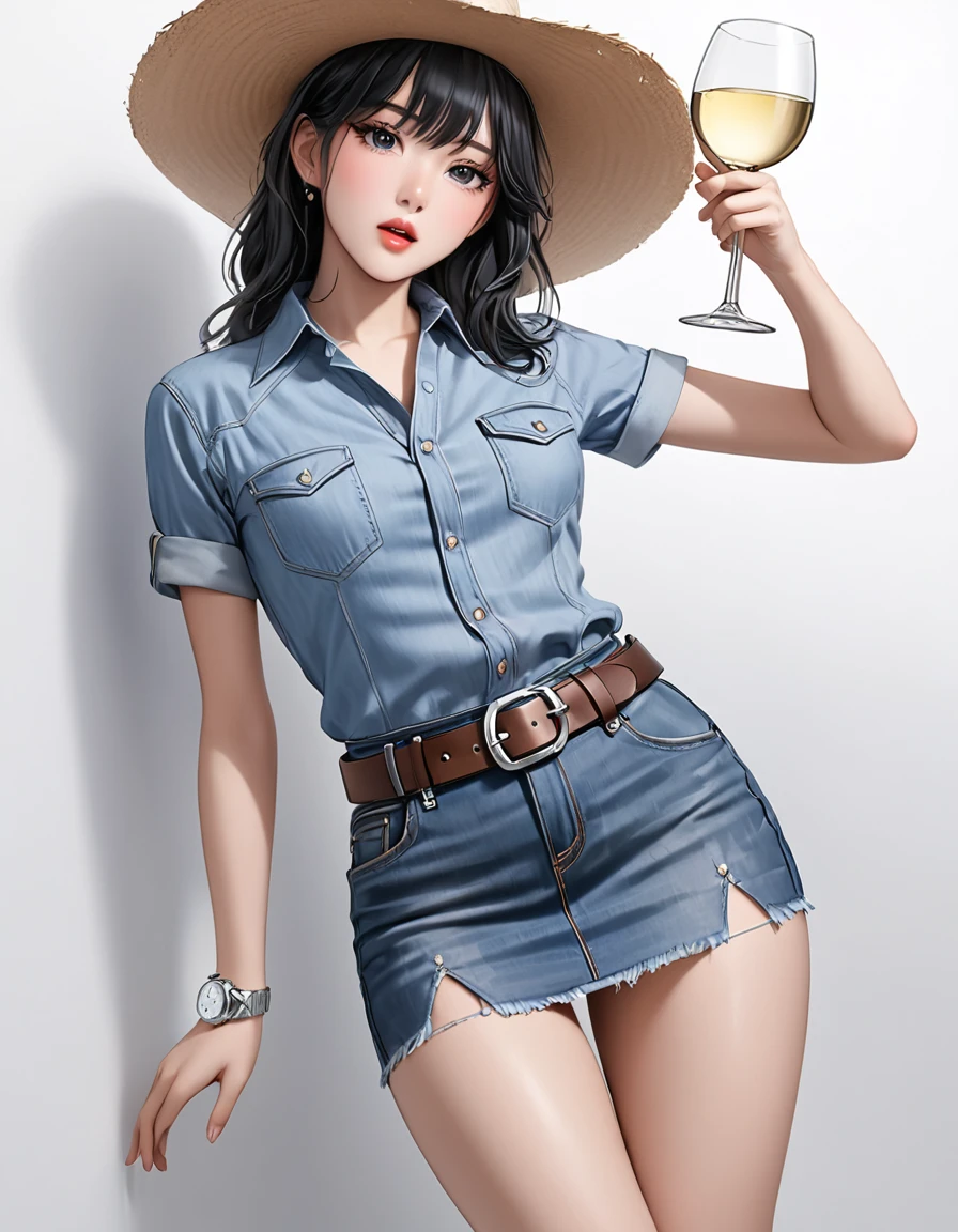 NSFW, high resolution image, best quality, Naked Korean beauty with hand over mouth１people,( beautiful face:1.2), shiny skin, delicate body,Small breasts, Shiny Black Hair,Ultra detailed round eyes ,((White background)),((Short sleeve denim shirt :1.2)),(( denim super mini skirt :1.2)),(( wear a belt at the low waist:1.5)),((square silver buckle:1.5))(silver watch on the wrist:1.5),( Ten Gallon Hat:1.2),( standing :1.3),(Depicting the body from the knees up),( cowboy shot:1.3),24K,(Hold a wine glass in one hand:1.5),(Freckles:0.5),((Drunk:0.9)),(( short boots :0.5)),((cry:1.1))