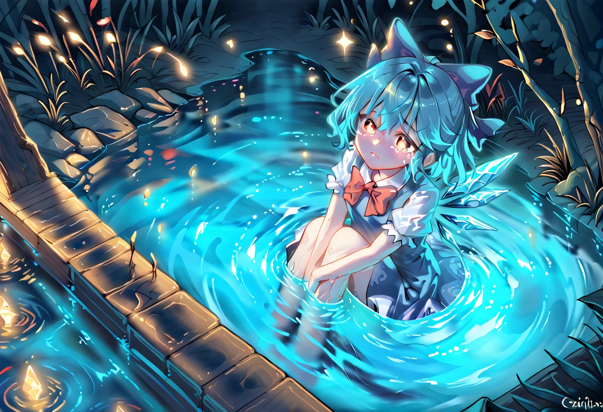 sparkle, star \(symbol\), crystal butterfly, bioluminescence, blue glow, cyan glow, green glow, red glow, monster girl, monster girl encyclopedia, ,glowneon, glowing, cirno, (blue hair, short hair), blue eyes, hair bow, blue dress, short sleeves, ice wings, red bowtie, glowify, shallow water, reflective water, wariza, arms between legs, from above, look up, look away, cry, darkness, glowing eyes, tears, vain, forest, pond, fantastic