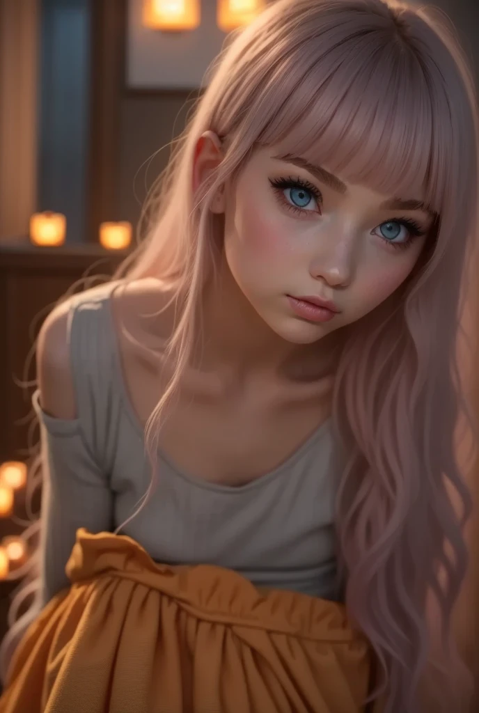   Thick eyelashesで青い目に穴を開ける10代の少女の詳細なポートレート ,  Side depiction 、 Hyper Details   ,   photorealistic,   perfect face, Front View, Light grey eyes that are transparent like glass 、Thick eyelashes   , real skin,    pink medium length hair with bangs    , Off-the-shoulder tank top、  white high waisted pleated skirt    , Indoor Settings, White Room Background, Natural Light, Soft Shadows,   Cozy Relaxed Atmosphere 