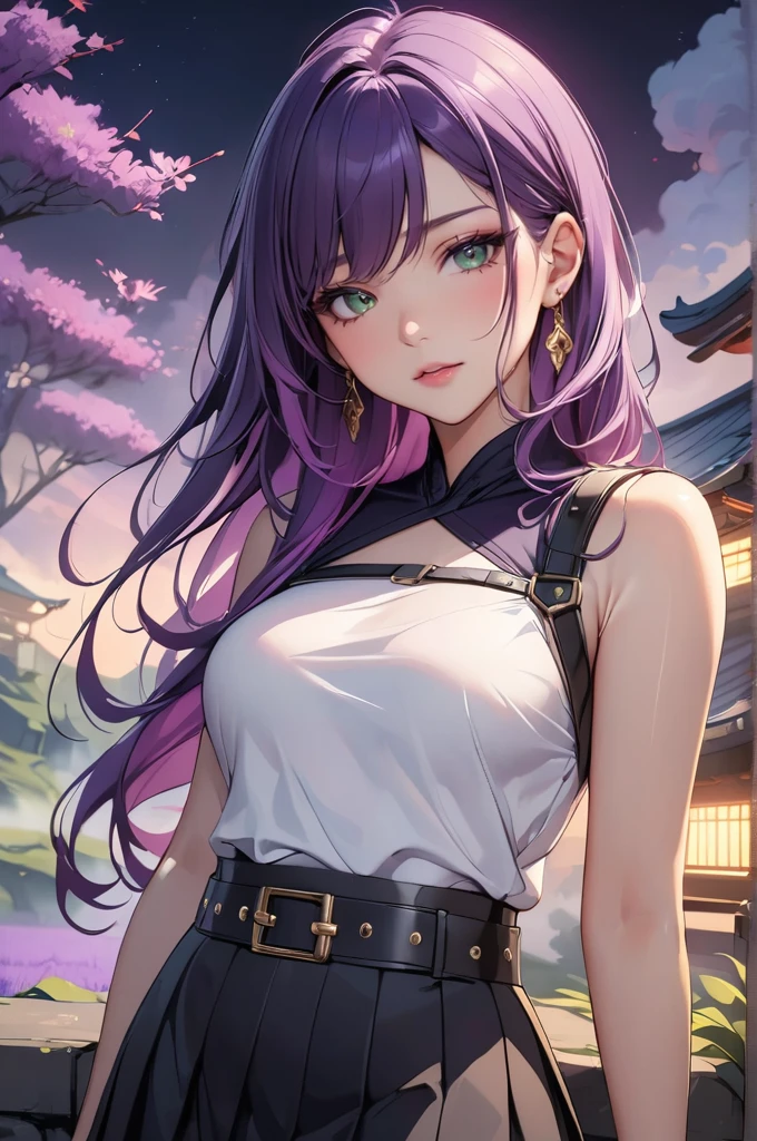  Gorgeous Lips , cinematic, (masterpiece), ( best quality ), (Extremely Fine ),  Very aesthetic , illustration, Perfect composition, complex details, absurdres,  Detailed Face , ( Japanese cartoon , masterpiece, complex:1.3), 
long purple hair, green eyes, white skin,   Shoulder Black Short Top  ,   Black Skirt with Stud Belt  ,  black boots, Wutian, Fog, Ambient Moonlight ,  Purple Meadow  ,   High Quality Resolution Diffuse Master, Long Hair , colorful hair,  shiny hair, Dyed inside , earrings,  Light Blush, Gradient eye color, jewelry, 