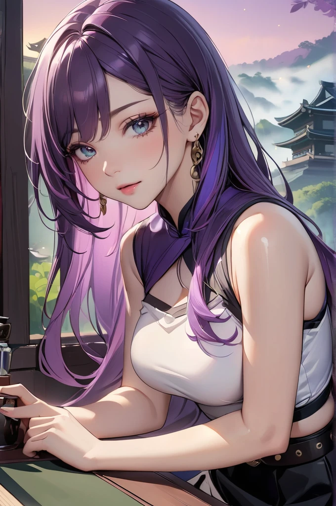  Gorgeous Lips , cinematic, (masterpiece), ( best quality ), (Extremely Fine ),  Very aesthetic , illustration, Perfect composition, complex details, absurdres,  Detailed Face , ( Japanese cartoon , masterpiece, complex:1.3), 
long purple hair, green eyes, white skin,   Shoulder Black Short Top  ,   Black Skirt with Stud Belt  ,  black boots, Wutian, Fog, Ambient Moonlight ,  Purple Meadow  ,   High Quality Resolution Diffuse Master, Long Hair , colorful hair,  shiny hair, Dyed inside , earrings,  Light Blush, Gradient eye color, jewelry, 