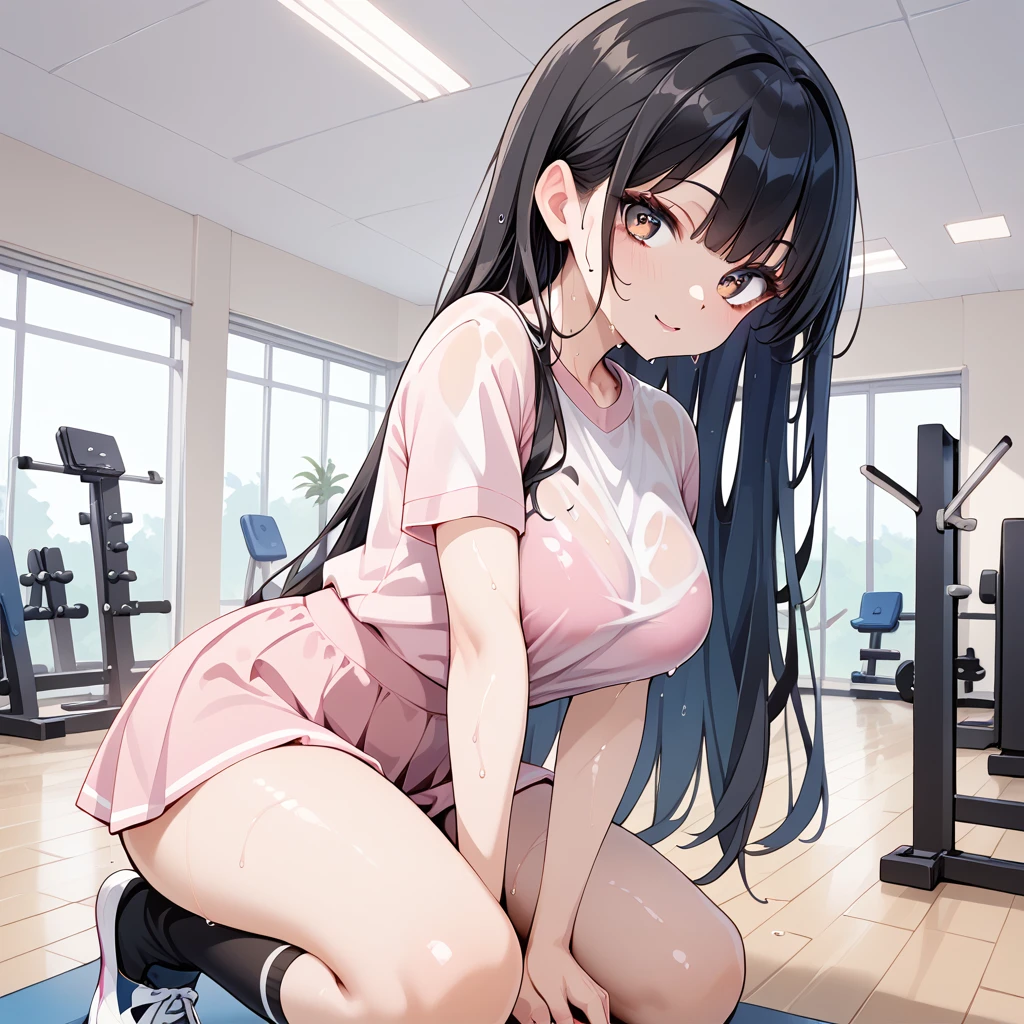  1 girl, Black Hair, long hair , pink shirt, Pink Skirt, knee socks,Sweaty,Wet clothes,gym, raise both hands, heavy makeup,  Frowning ,  with contemptuous eyes , 