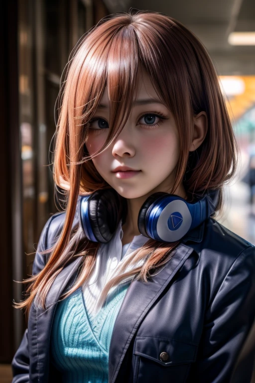 A hyper-realistic portrait of teenage girl Nakano Miku, shot with an Arri Alexa LF and Zeiss Master Prime 50mm lens at f/1.4, in golden hour lighting. | She is wearing headphones around her neck and a school uniform consisting of a blue knitted jacket, green skirt, tights, and an open black coat with long sleeves. | The image captures intricate details and features a cinematic bokeh background. | It is inspired by Roger Deakins' use of natural light.