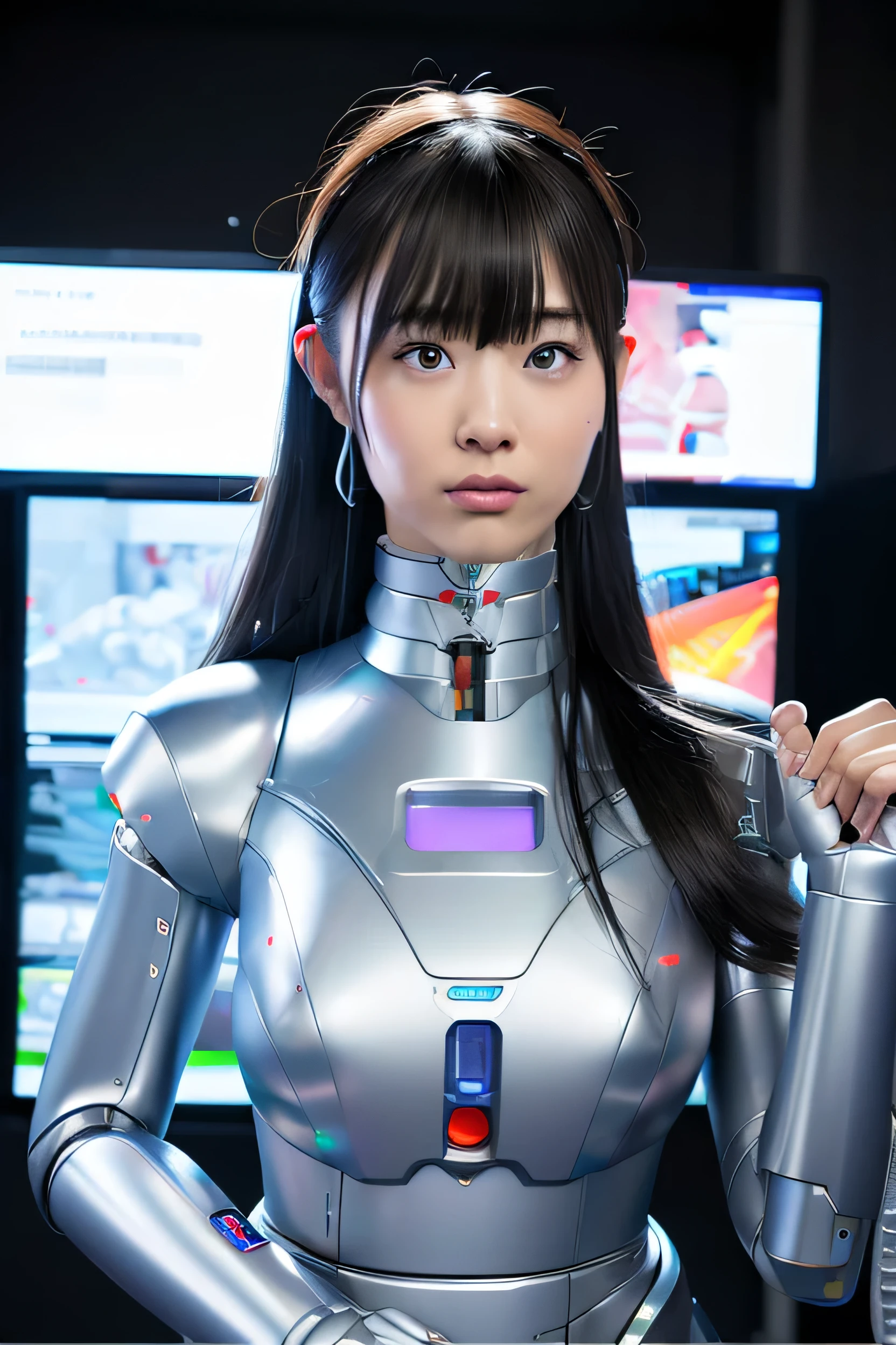 masterpiece, best quality, extremely detailed, Japaese Cyborg girl,Plump , control panels,android,Droid,Mechanical Hand, Robot arms and legs, Black Robot Parts,Black hair,Mechanical body,Blunt bangs,White robotics parts,perfect robot girl,long tube,thick cable connected her neck,ceramic body ,mechanical body, mechanical ear cover, mechanical costume,android,robot,humanoid,cyborg,japanese android woman ,mechanical chest,full eyes,future laboratory,connecting a cable between the legs,