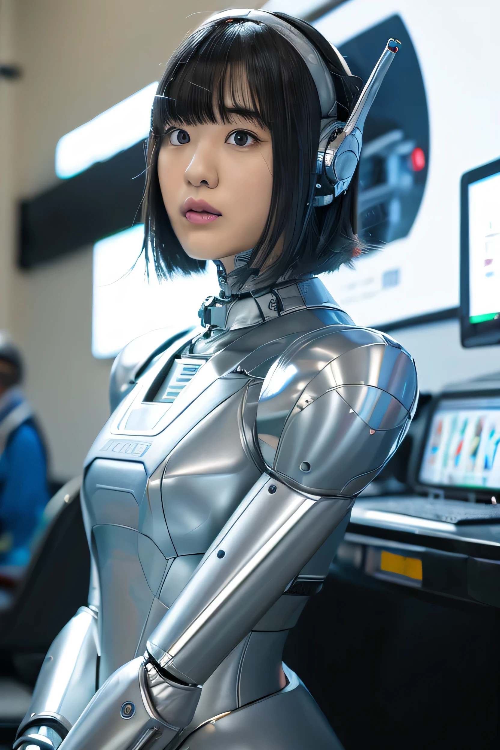 masterpiece, best quality, extremely detailed, Japaese android girl,portrait,Plump,a bit chubby,control panels,android,Droid,Mechanical Hand, Robot arms and legs, Black hair,Blunt bangs,perfect robot girl,long tube,thick cable connected her neck,android,robot,humanoid,cyborg,japanese cyborg girl ,robot-assembly plant,She is assembling now,assembly scene,camera eyes,chest monitor