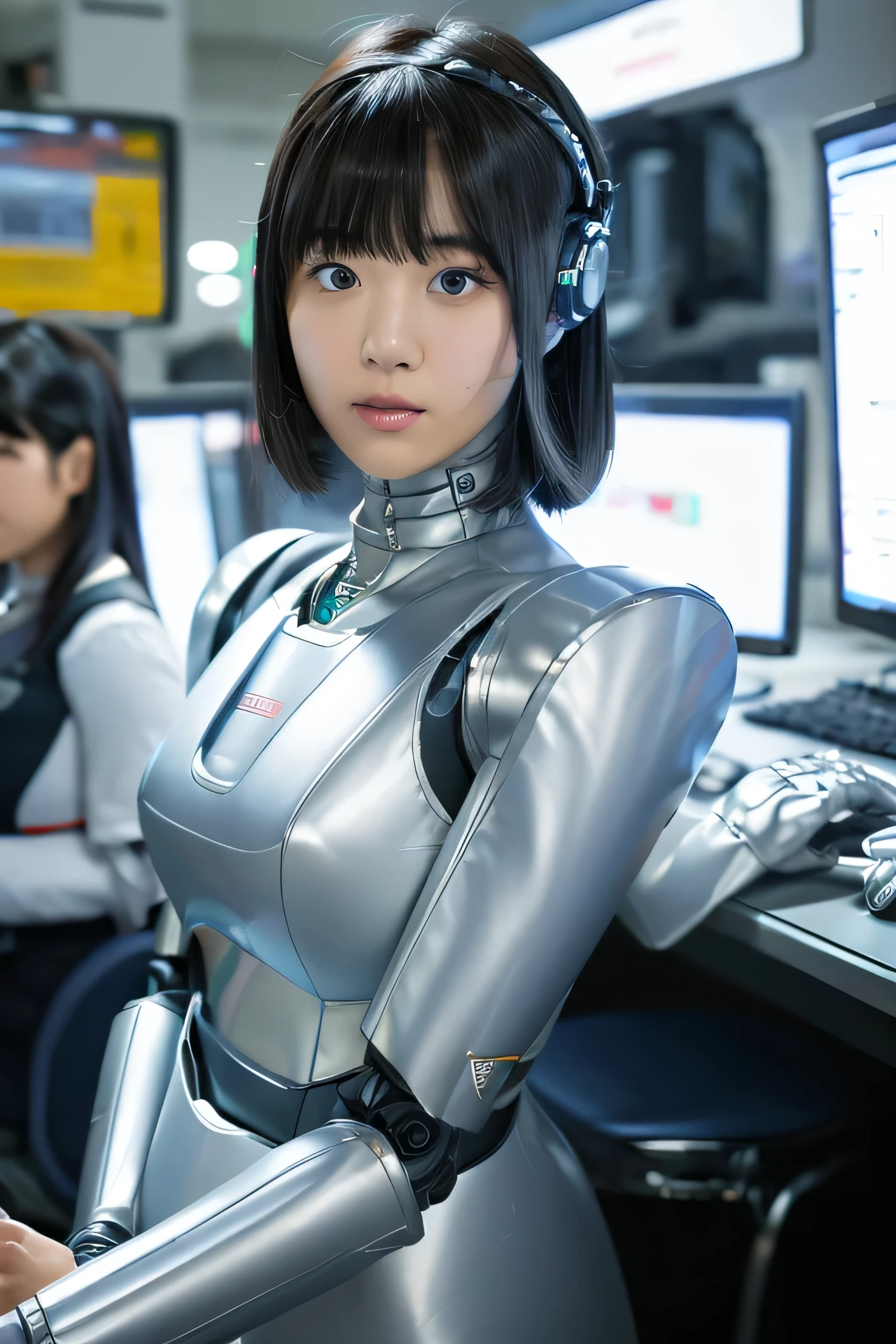 masterpiece, best quality, extremely detailed, Japaese android girl,portrait,Plump,a bit chubby,control panels,android,Droid,Mechanical Hand, Robot arms and legs, Black hair,Blunt bangs,perfect robot girl,long tube,thick cable connected her neck,android,robot,humanoid,cyborg,japanese cyborg girl ,robot-assembly plant,She is assembling now,assembly scene,camera eyes,chest monitor