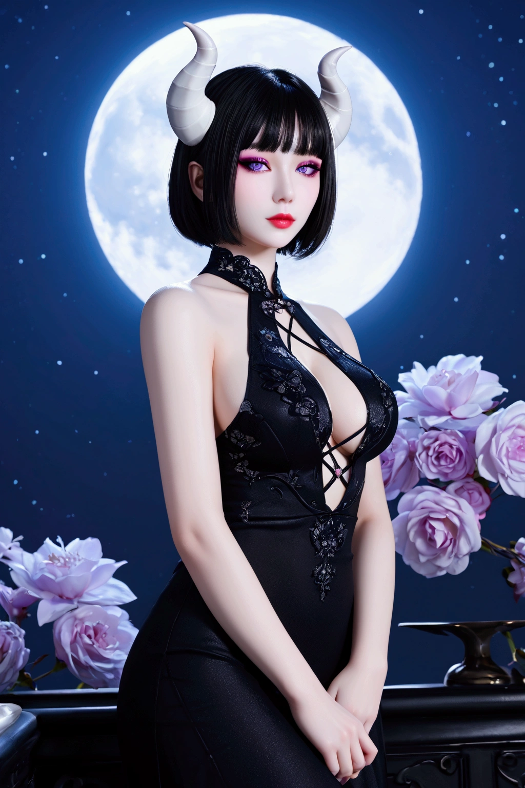 1 girl,standing posture,bare shoulders, pantyhose, bodysuit,( see-through:1.2),(((white bodystocking))), nighttime,moon,( huge breasts:1.1),cleavage,shiny skin,lip gloss,( tattoos:1.2), masterpiece, best quality, realistic ,Rich artistic colors, 8K,Portrait art,solo, tamaki