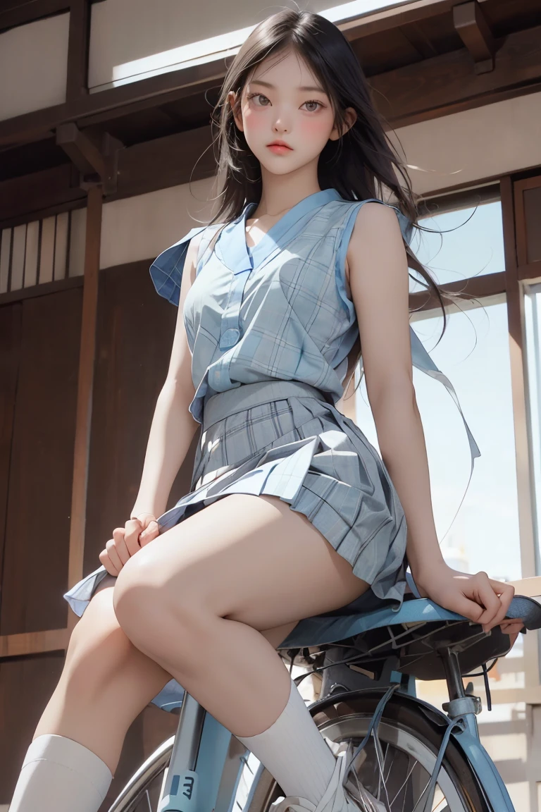 (sit on a bicycle saddle、Japanese high school girl waiting at a traffic light)、(((sleeveless white shirt)))、Put your hands on the handlebars, Looking Ahead、Bra visible through sleeve opening、(( light blue plaid mini pleated skirt))、Dark brown bob hair、curly hair、 straight hair、smile、縁石にfeetを伸ばして、Her long, Thin legs are beautiful、Well-proportioned physique, feet 、Wear loafers、A gentle breeze blows and flips up my skirt、((Cotton panties are visible.))、Back view of the intersection、(((  widens the angle from below )))、Beautiful blue sky and white clouds、(Best Quality, masterpiece,  high definition)、8k、 wallpaper、 her short skirt is rolled up , Expose your pants、 full body portrait