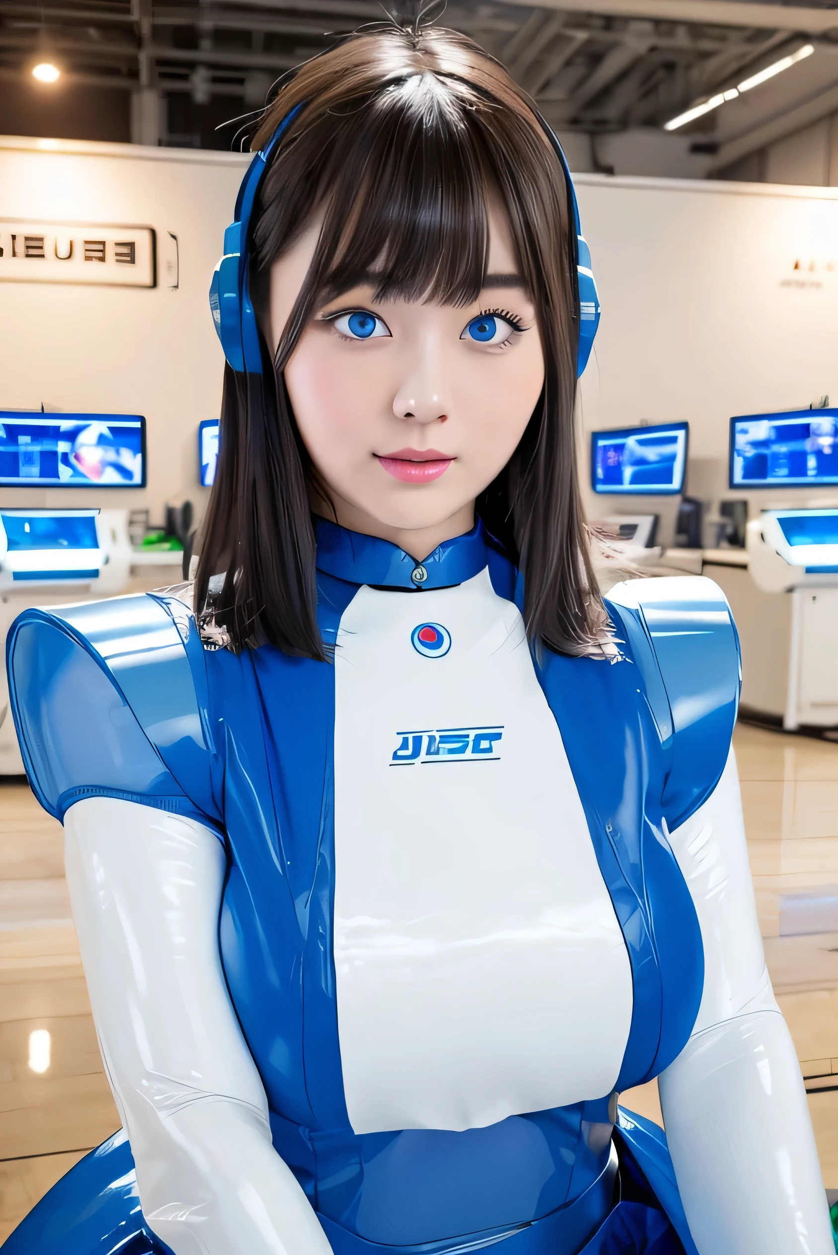 masterpiece, Best Quality, Extremely detailed, 8K portrait,Japaese android girl,Plump , control panels,Robot arms and legs, Blunt bangs,perfect robot girl,a bit chubby,white gloves,chest monitor,blue eyes,Charging spot,She is exhibits,exibition hall,promo girl,