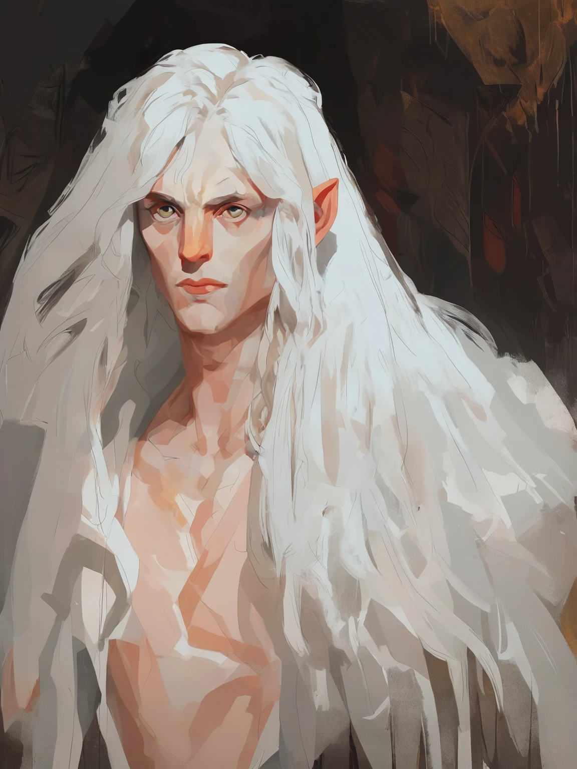 Euan Uglow Style - cadmium by gary hume, sean scully and andrey remnev, score_9, score_8_High up, score_7_High up, 1 boy, ((Dunmer)), skyrim, Ancient scrolls, blood elf, ((light pale and gray skin)), thin lips, red eyes, hyper_detailed eyes, white hair, round features, tall and slender, gazing at viewer, conceptual artwork, High above body view, gothic art, oil painting, Traditional media