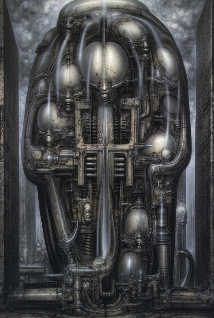 H. R. Giger's g1g3r, , Giger_style, The image is a detailed view of H.R. Giger's \"Carmen I   \" plate, featuring ( Circus on exile left abandoned clowns behind. Tableau is a surrealistic representation of a mechanical city with intricate designs and patterns. It features a large mechanical head with multiple smaller  clown heads attached to it, all connected by tubes and gears. Mastered by H R GIGER , best quality: 1.4), H R GIGER's biomechanical is a digital artwork featuring a mechanical structure with tubes and wires, which is situated in a dark room with a glowing light source, dence cloudy mist, strokes of steam. (A haunting and surreal image inspired by the work of H.R. Giger. The artwork depicts a biomechanical corridor, with intricate tubes and pipes snaking along the walls. A strange, organic form, reminiscent of the Alien creature, lurks in the shadows, adding to the sense of unease and mystery. The overall atmosphere is one of darkness, decay, and the unsettling nature of the unknown, best quality:1.4) The artistic manner would be unmistakably Gigeresque. A dark and unsettling beauty would permeate the piece, blurring the lines between fascination and repulsion , forever haunted by the grotesque allure. Giger's signature artistic manner would be evident in every stroke. The artist has used careful linework to depict the contours and textures in the piece, (Triadic:1.1), (Proportion:1.1),  , (Reflected light:1.2), Parchment, ultra detailed, intricate,, dry b (best quality:1.4), H.R. GIGER,  BY GIGER