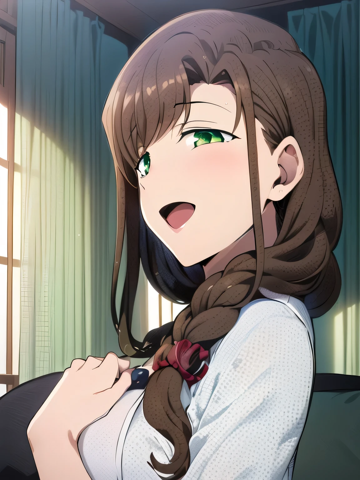 nsfw,HD masterpiece, Best Quality,  1 girl, Alone, Long Hair, ((( Black Shirt )),  White Apron , hand, Mouth open, Brown Hair,  braided  , ear, :d, Detailed green eye, iris, Mouth open,  braided , (( living room)), Surprised, Red Button, scrunchie,  