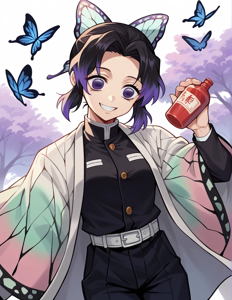  score_9,  score_8_up,  score_7_up, sauce_Anime,
ShinobuKochou, Shinobu Kocho,   black tied hair  ,  butterfly ,  butterfly  hair ornament,  purple eyes,
 black pants , kimono, Demon Slayer uniform,  long sleeve,
indoor, ,  lean forward, smile,
Alone, Dutch Corner,  ,  cowboy shot,crazy smile，Turn off highlights，Attack