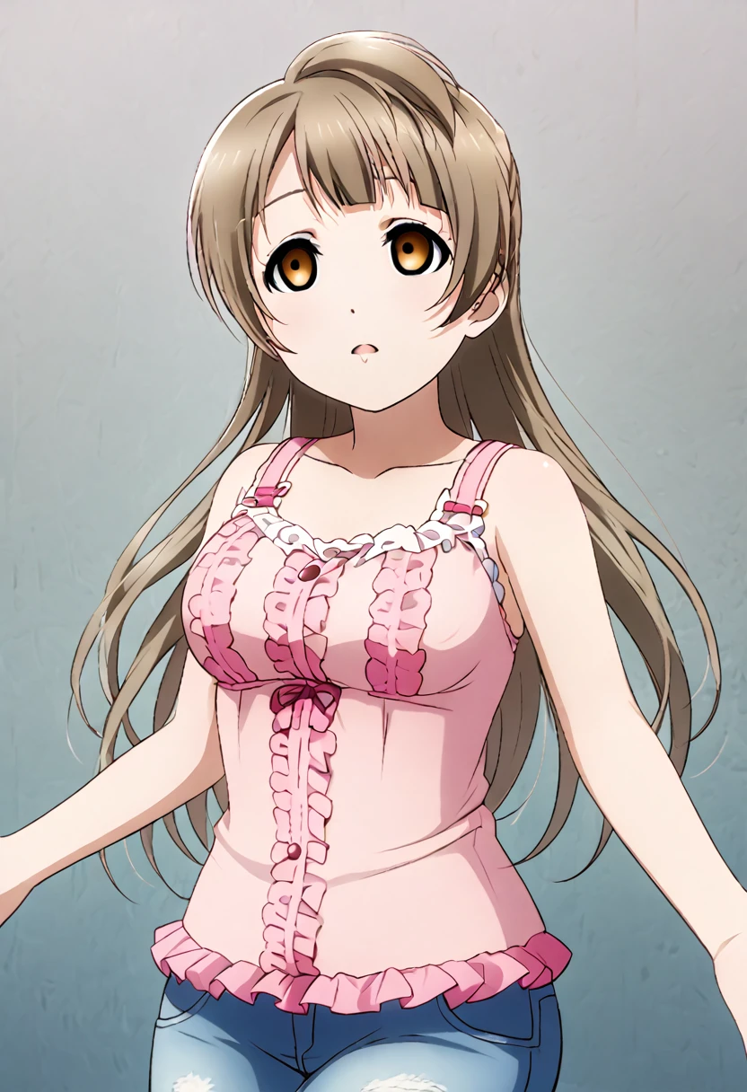 Kotori Minami, long grayish-brown hair, large breasts, pink lingerie, jeans, accurate body, empty eyes, expressionless, hypnosis, head tilted to the front, extended hands in front, zombie walk, looking away, shinyless eyes