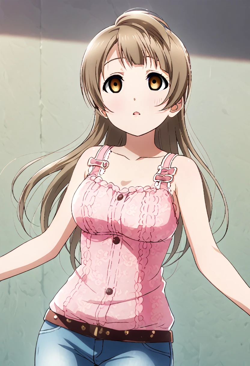 Kotori Minami, long grayish-brown hair, large breasts, pink lingerie, jeans, accurate body, empty eyes, expressionless, hypnosis, head tilted to the front, extended hands in front, zombie walk, looking away, shinyless eyes