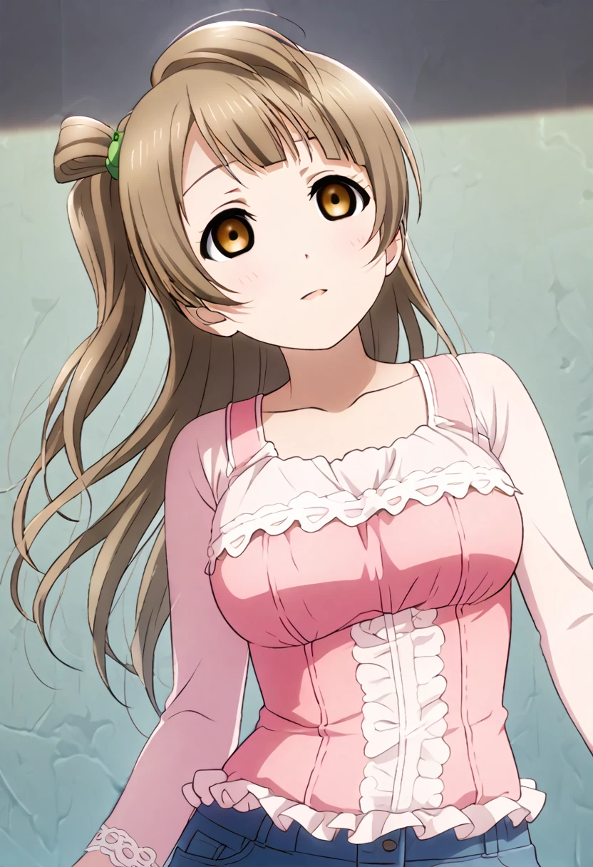 Kotori Minami, long grayish-brown hair, large breasts, pink lingerie, jeans, accurate body, empty eyes, expressionless, hypnosis, head tilted to the front, extended hands in front, zombie walk, looking away, shinyless eyes