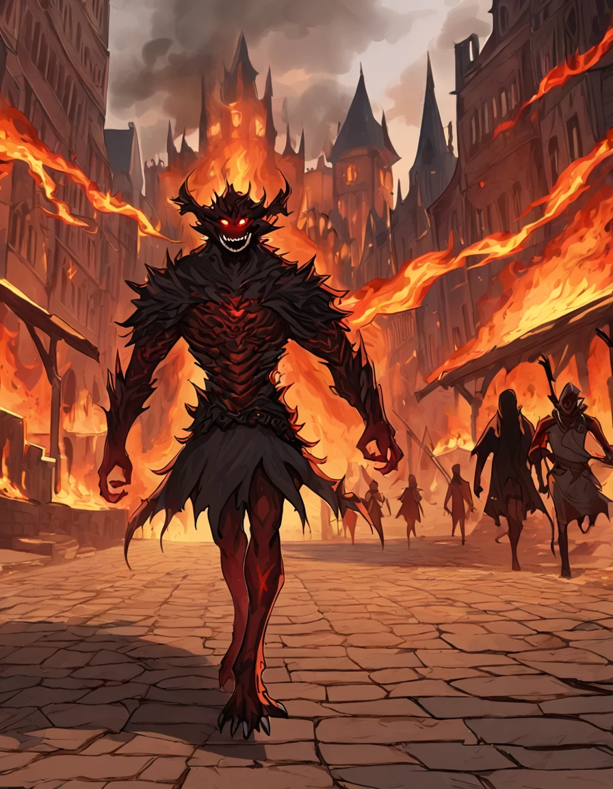 a big monster, skinned, dark skin, shadow aura, red eyes, sharp teeth smile, anime 2d art style,walking in a burning medieval city background