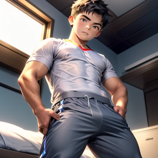 18 year old boy playing soccer, white football shirt, toned muscles, wet clothes, see through shirt, black hair, messy hair, short hair, wet hair, gray eyes , handsome face, super detailed photo, sexy, no pants, erect , red face, sitting crotch on bed showing erect