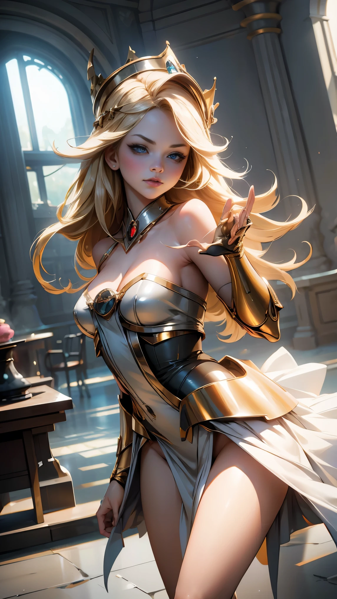 only, supene photo, Unreal Engine 5 8K UHD digital artistic portrait of a girl, conceptual art, character concept design, wearing a tight, bright white dress with metallic details, golden crown, blue eyes, fantasy princess, metallic glove, long blond hair, The best quality,  masterpiece , Super detailed, sharp focus, Suggestive and sexy and innocent pose and