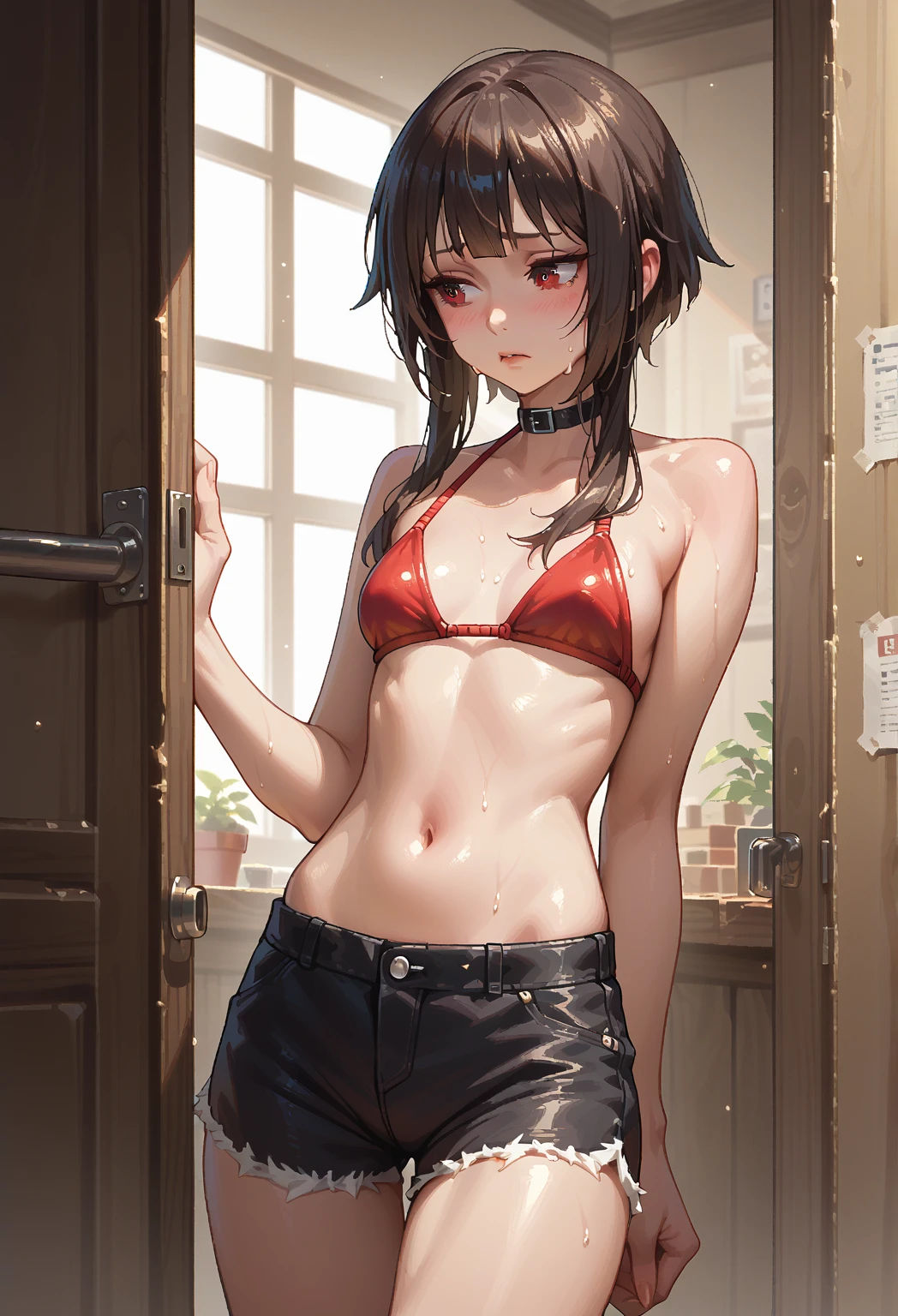 Megumin、  pixel art,  red bikini、 black leather shorts 、 Sweating、 Small breasts、Belly button、Look Away、Enchanting Eyes 、 I'm taking my shorts off a bit、Leaning against the door
