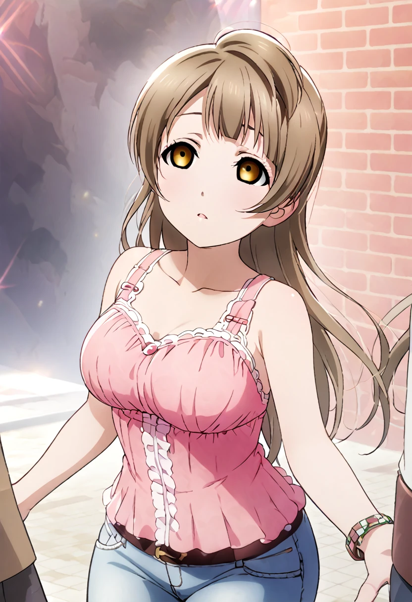 Kotori Minami, long grayish-brown hair, large breasts, pink lingerie, jeans, accurate body, empty eyes, expressionless, hypnosis, head tilted to the front, zombie walk, looking away, shinyless eyes, half closed eyes, best quality, masterpiece 