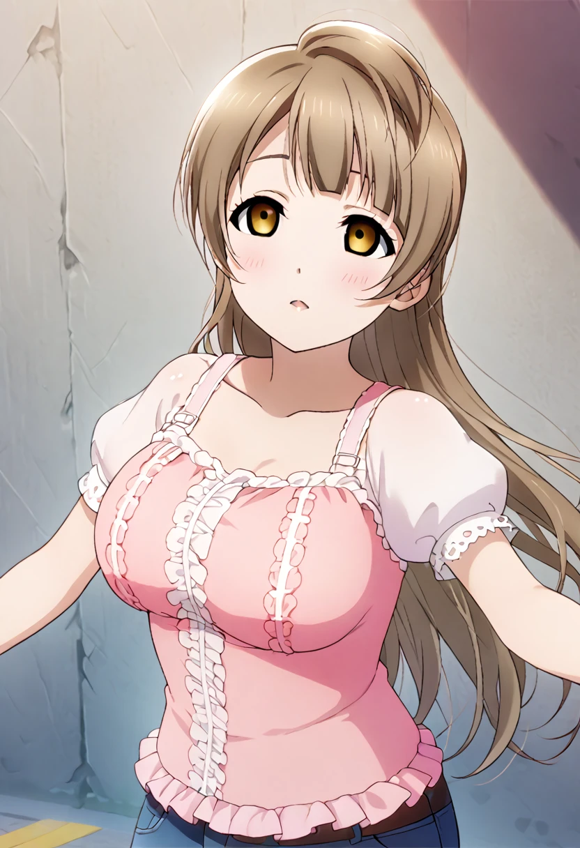 Kotori Minami, long grayish-brown hair, large breasts, pink lingerie, jeans, accurate body, empty eyes, expressionless, hypnosis, head tilted to the front, zombie walk, looking away, shinyless eyes, half closed eyes, best quality, masterpiece 