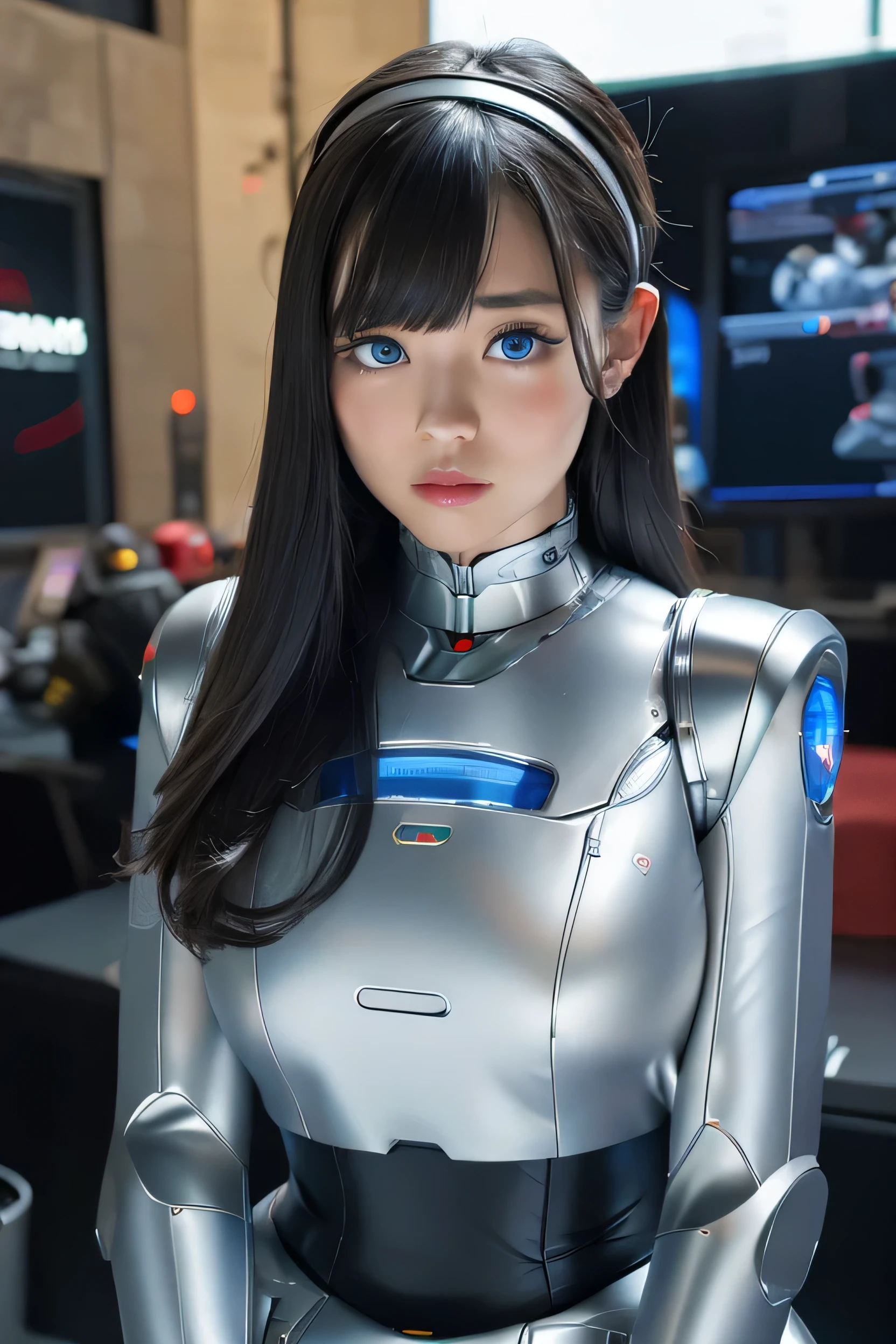masterpiece, best quality, extremely detailed, Japaese android girl,portrait,Plump,a bit chubby,control panels,android,Droid,Mechanical Hand, Robot arms and legs, Black hair,Blunt bangs,perfect robot girl,long tube,thick cable connected her neck,android,robot,humanoid,cyborg,japanese cyborg girl ,robot-assembly plant,She is assembling now,assembly scene,blue eyes,chest monitor