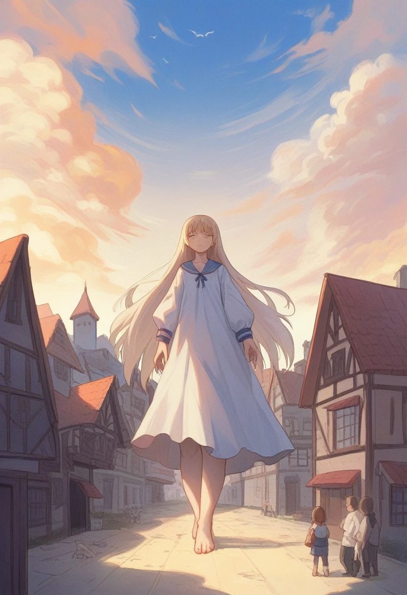 (macro size: 1.7), (giant teen girl: 1.3), (very skinny bangs long hair: 1.1), (looking down: 1.2), (village from sky view: 1.6), dress, (village from sky view in front of the feet of a very tall girl: 1.2),  (miniature person: 1.3), (anime: 1.4), (an extremely tiny village from aerial view in front of closeup breasts: 1.3), (foreshortening: 1.2), (foreshortening from below view: 1.2), (low angle perspective: 1.2), (foreshortening: 1.1), tiny breasts, (feet: 1.5), (soles: 1.4), (village from sky view: 1.6), (continents from sky view: 1.6), sitting