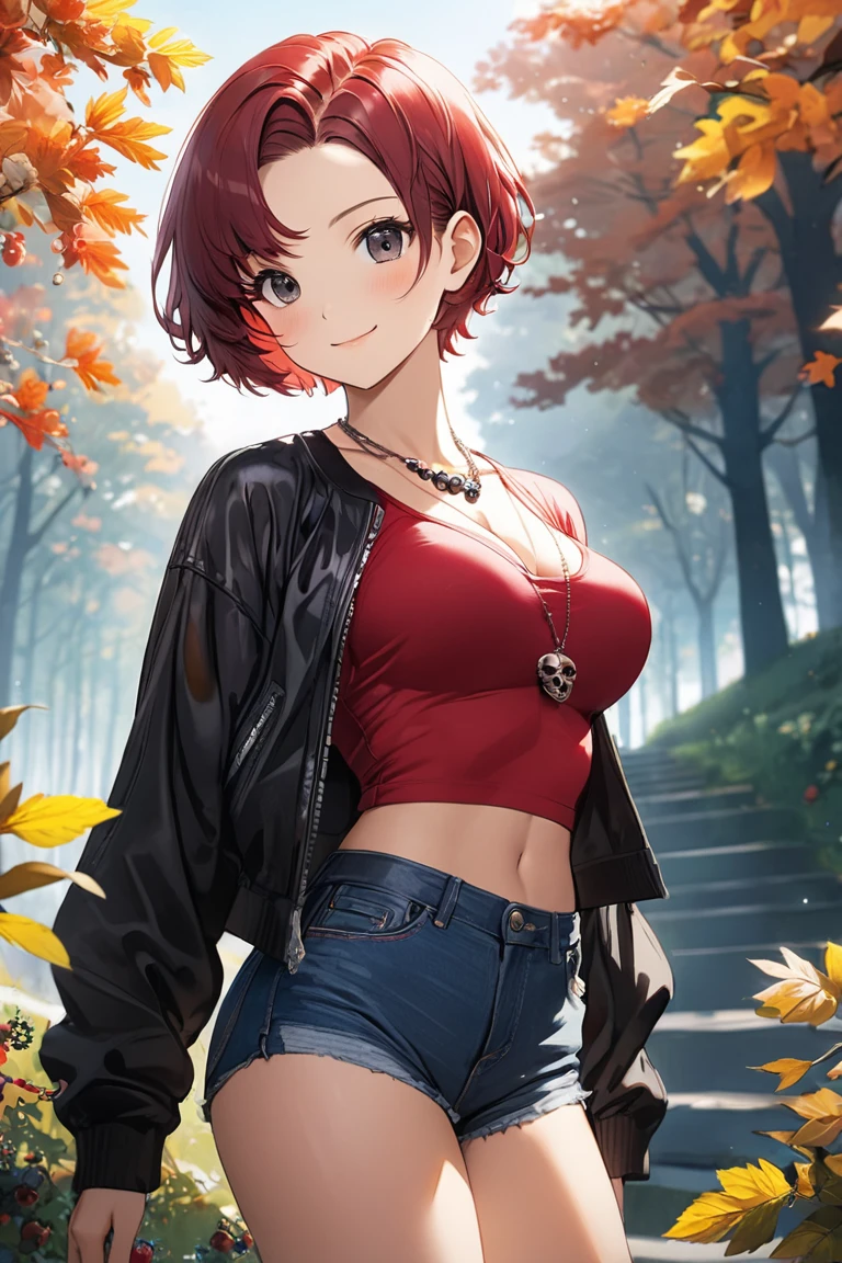 1 girl,(((berry short cut:2.0))),red hair,(swept-back:1.7),cropped hair,hair slicked leftback,red tanktop,black riders jacket,jeans,skull necklace,big black eyes,long eyelashes,Muscular、(F cup beautiful breasts)、25years old, (tall:1.2),height: 175cm,Sexy long legs,Fashion model body type,solo,smile、Shy、Shyness,Cool look,blush,Anime-style painting style,A composition that shows the upper body,front view,looking at viewer,cinematic lighting,Superfine,magnificent view、park、autumn,(morning:1.5)、(sexy) ,(closeup:1.5),dynamic angle