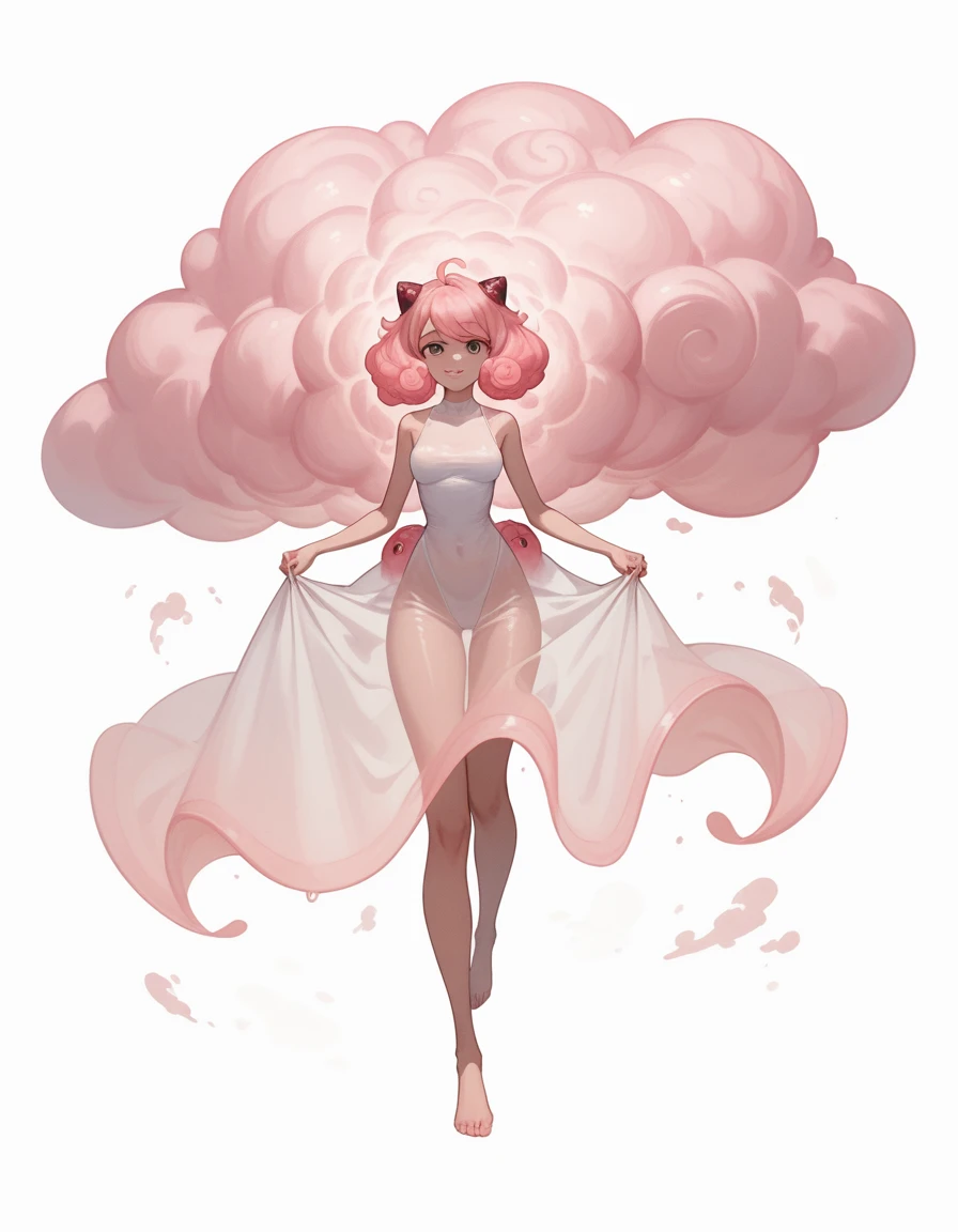 Solo, wispy cloud, translucent cloudy body, glowing pink clouds, lean physique, living cloud elemental, living stormcloud, white Background, monster ecology sheet, creature infographic sheet