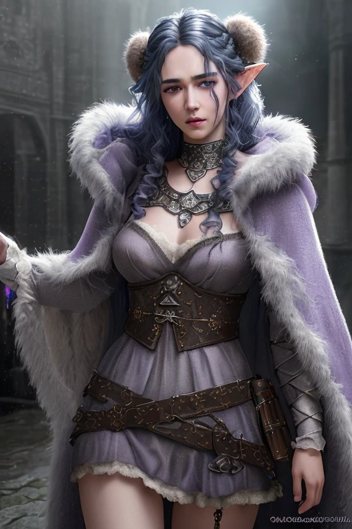 a fae witch with long curly blue hair, lavender eyes, thin lips, round face, light gray skin tone, four arms, enormous breasts, wide hips, thick thighs, wearing a bear fur cloak, medieval witch attire, mystical creature, dark and gloomy scene, (best quality,4k,8k,highres,masterpiece:1.2),ultra-detailed,(realistic,photorealistic,photo-realistic:1.37),HDR,UHD,studio lighting,ultra-fine painting,sharp focus,physically-based rendering,extreme detail description,professional,vivid colors,bokeh,dark fantasy,dark art,chiaroscuro,moody lighting