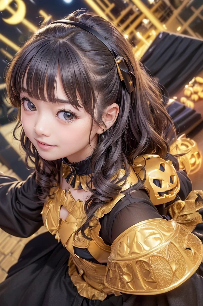 ( high definition、 high quality、masterpiece、​masterpiece、 high quality)、solo、 ,  cute little、Japanese、 1 girl,   trick or treat ,  Halloween ,  jack-o-lantern,  basket with lots of candy, ( Halloween  Costume:1.2), ((Dark light medium short hair :1.25,  Upstyle,  wavy hair in front of the station)), ( Amazing Background ), (At night:2), ((ウルトラ high definition, ８ＫＲＡＷphotograph, photographrealistic:1.2)), Detailed face,  beautiful eye with attention to detail,  Extremely Detailed Smooth Skin , ( looking sideways ,  is laughing, Amazing), (( software:1.25)), ( correct anatomy :1.5), (Dutch Corner,  wide shot:1.3),  Dynamic Angle, action