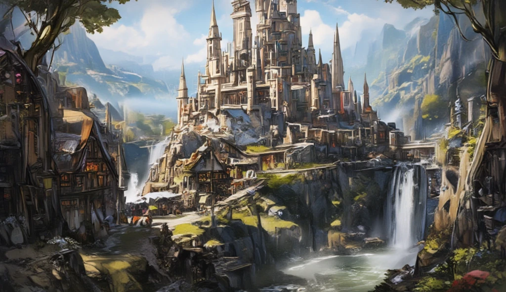 a painting of a fantasy castle with a waterfall and a waterfall, a detailed painting inspired by the Brothers Hildebrandt, trending on Artstation, fantasy art, magical village, fantasy town, whimsical fantasy landscape art, detailed fantasy digital art, detailed dreamscape, medeival fantasy town, fantasy village, made of tree and fantasy valley, 4k detailed digital art