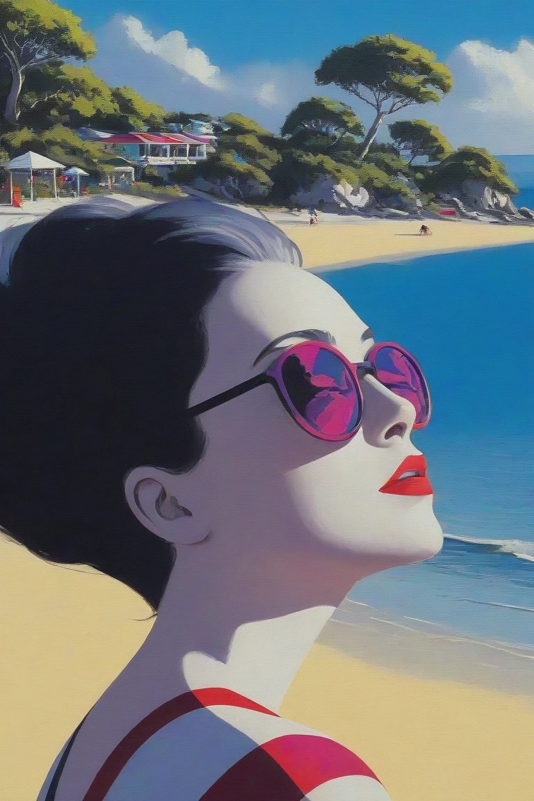 Psychedelic colourful artwork of a woman on a beach by Malika Favre 