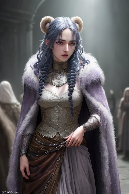 a fae witch with long curly blue hair, lavender eyes, thin lips, round face, light gray skin tone, "four arms", enormous breasts, wide hips, thick thighs, wearing a bear fur cloak, medieval witch attire, mystical creature, dark and gloomy scene, (best quality,4k,8k,highres,masterpiece:1.2),ultra-detailed,(realistic,photorealistic,photo-realistic:1.37),HDR,UHD,studio lighting,ultra-fine painting,sharp focus,physically-based rendering,extreme detail description,professional,vivid colors,bokeh,dark fantasy,dark art,chiaroscuro,moody lighting