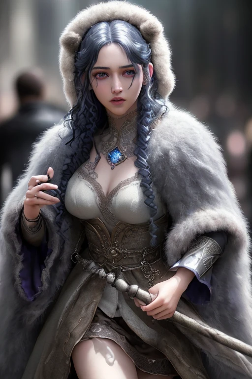 a fae witch with long curly blue hair, lavender eyes, thin lips, round face, light gray skin tone, "four arms", enormous breasts, wide hips, thick thighs, wearing a bear fur cloak, medieval witch attire, mystical creature, dark and gloomy scene, (best quality,4k,8k,highres,masterpiece:1.2),ultra-detailed,(realistic,photorealistic,photo-realistic:1.37),HDR,UHD,studio lighting,ultra-fine painting,sharp focus,physically-based rendering,extreme detail description,professional,vivid colors,bokeh,dark fantasy,dark art,chiaroscuro,moody lighting