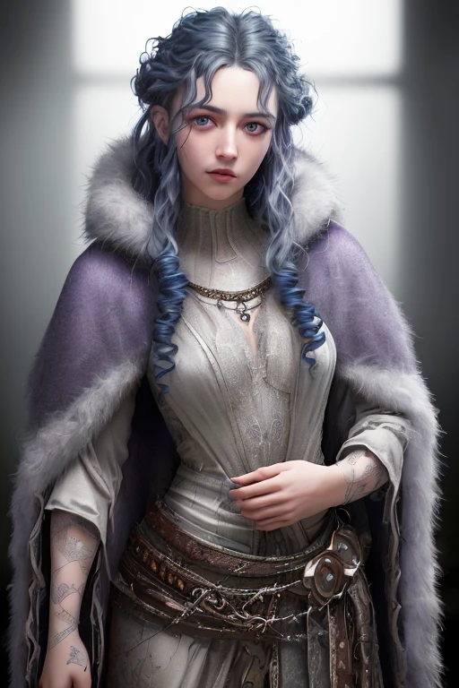 a fae witch with long curly blue hair, lavender eyes, thin lips, round face, light gray skin tone, "four arms", enormous breasts, wide hips, thick thighs, wearing a bear fur cloak, medieval witch attire, mystical creature, dark and gloomy scene, (best quality,4k,8k,highres,masterpiece:1.2),ultra-detailed,(realistic,photorealistic,photo-realistic:1.37),HDR,UHD,studio lighting,ultra-fine painting,sharp focus,physically-based rendering,extreme detail description,professional,vivid colors,bokeh,dark fantasy,dark art,chiaroscuro,moody lighting