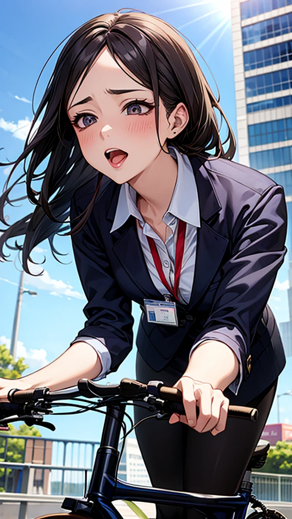 side shot,Bicycle pedaling,office worker,woman in her 20s,orgasm,ahegao,suit,ID Card,looking up to the heavens,crowd,#Quality UHD,1080P,16k,4K,8k,absolutely,absurdres,anatomically correct,award winning,best quality,ccurate,HD,high details,high quality,highres,masterpiece ,photorealistic,raw photo,resolution,retina,super detail,textured skin,ultra detailed ,ultra high res