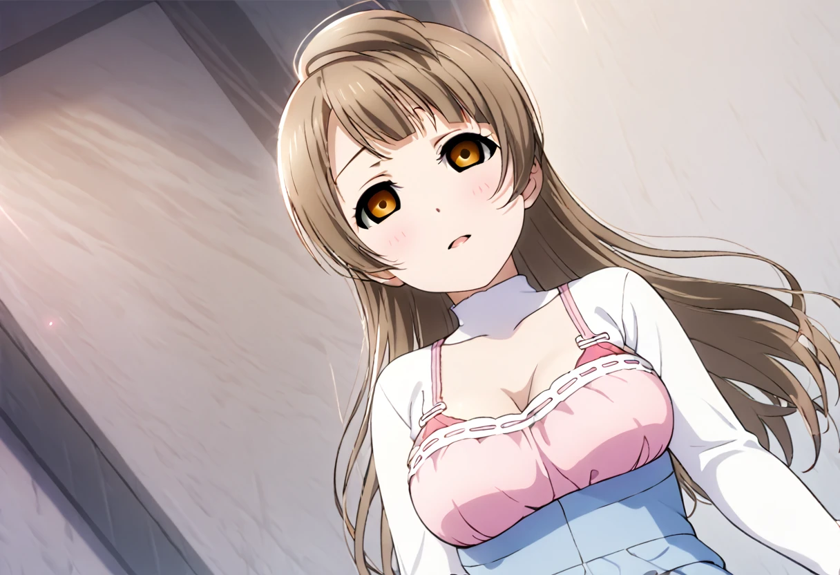 Kotori Minami, long grayish-brown hair, large breasts, pink bra, jeans, accurate body, empty eyes, expressionless, hypnosis, head tilted to the front, hands in own breasts, grabbing own breasts, unaware, shinyless eyes, half closed eyes, best quality, masterpiece, sleepwalker, full body